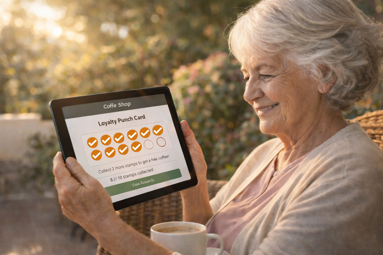 Resident at retirement village using GoldenSpoon digital loyalty punch card